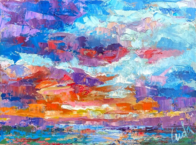 Colorful Sunset Over an Ocean Seascape Oil Painting on Canvas Board 9×12 inches
