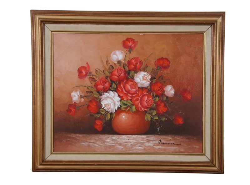 Vintage Francoise Red & White Roses Still Life Oil Painting on Canvas 25″