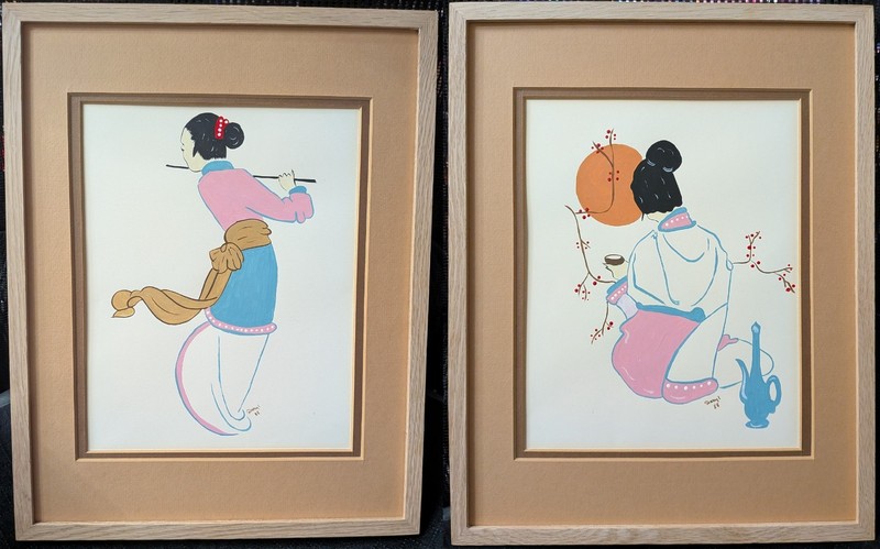 Two 11×14 Vintage Japanese Style Paintings Signed Daryl 88 in Natural Oak Frames