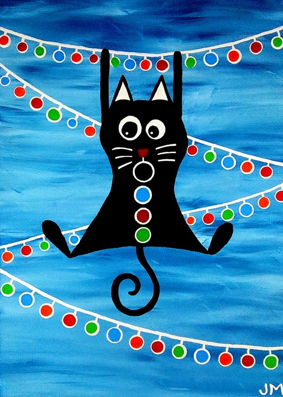 whimsical original painting 5×7″ signed tuxedo cat keepsake gift art «Wild Cat»