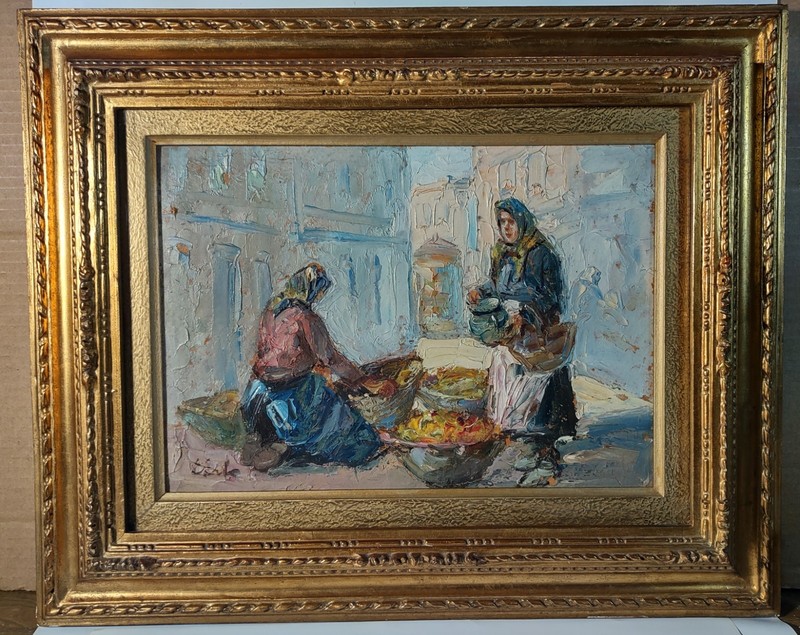 Erno Erb Market Scene Oil on panel Lwow Lviv Poland 1940’s