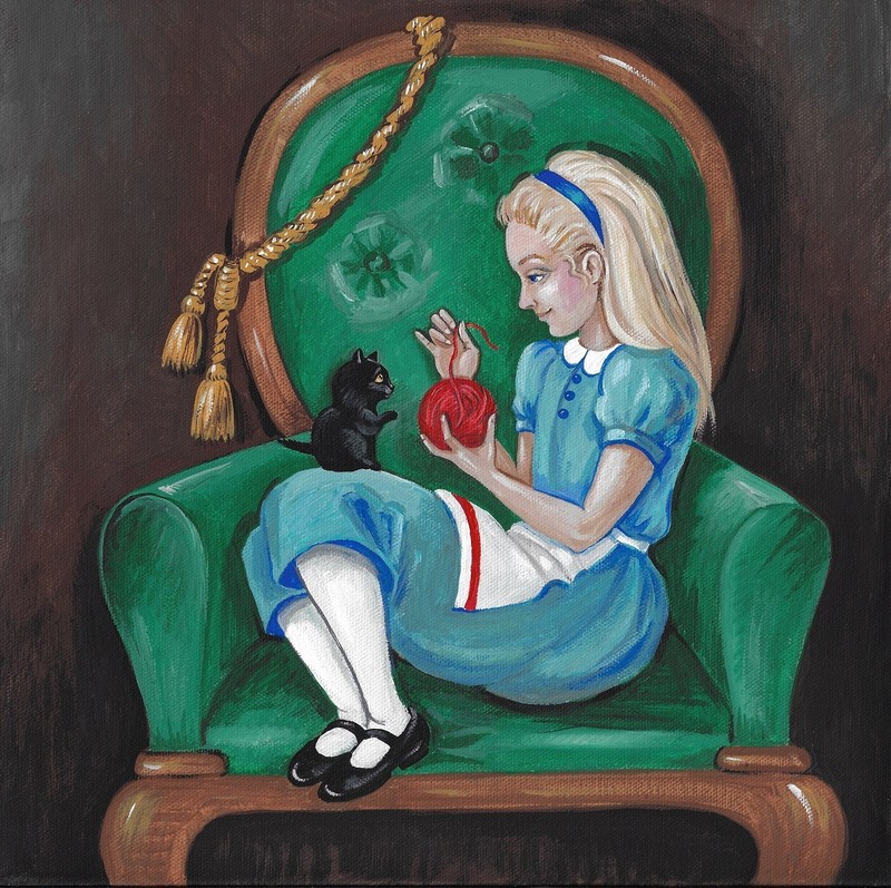 11×11 print of painting RYTA Halloween Alice in Wonderland Black Cat folk art 🌺