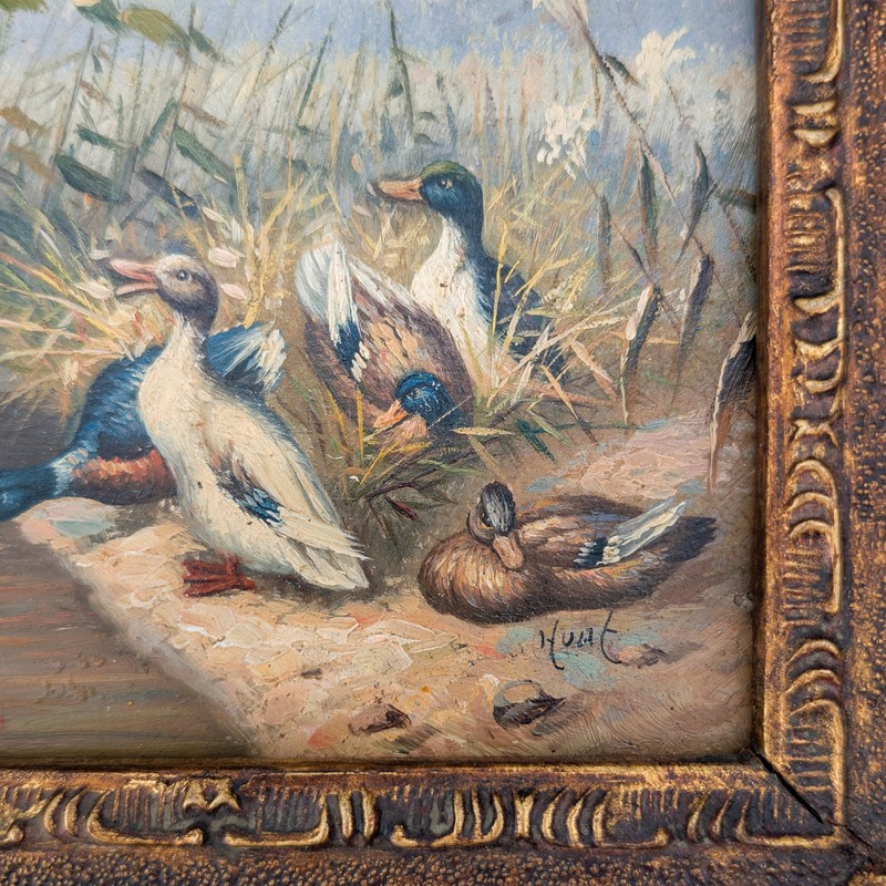 1850s Antique Waterfowl Ducks Landscape 19th C Original Oil Painting Signed HUNT gallery