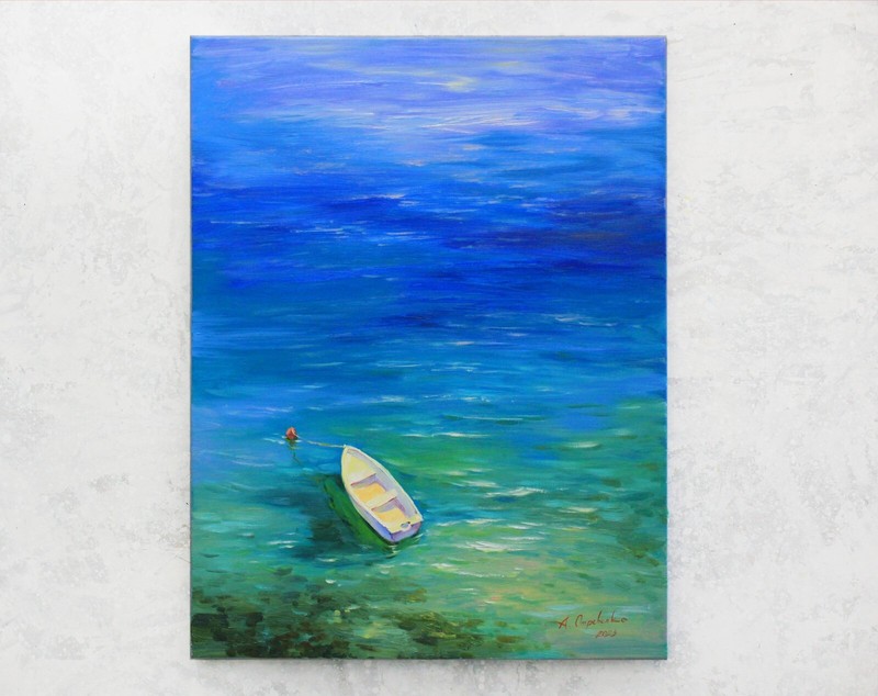 Sea boat from above Original painting OOAK artwork Oil on canvas by A Onipchenko gallery