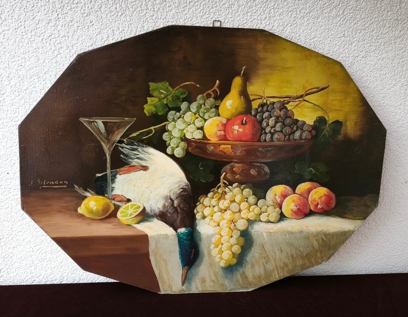 Antique Octagonal Still Life – J. Silbermann – Oil on Plywood – Germany c. 1928