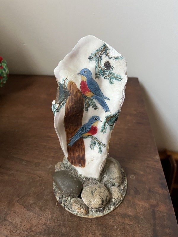 Hand painted Birds on Shells on Rock Sculpture Blue Birds Beechcraft Beach 7” gallery