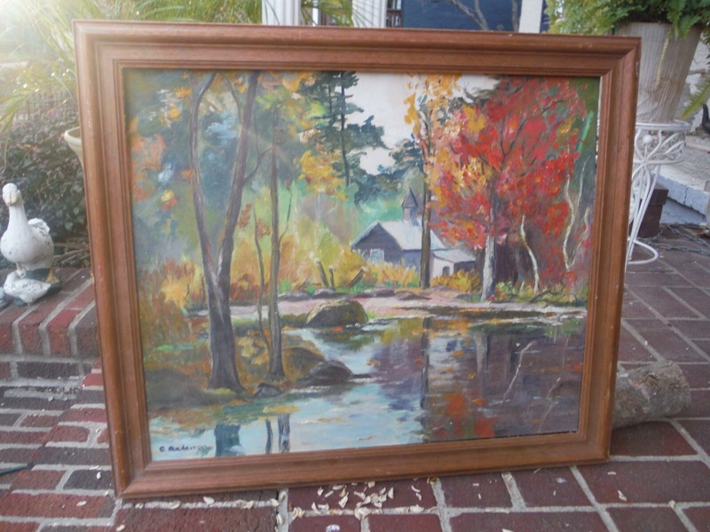 GREAT OIL ON CANVAS BOARD CHURCH/POND FALL LANDSCAPE SCENE SIGNED/FRAMED gallery