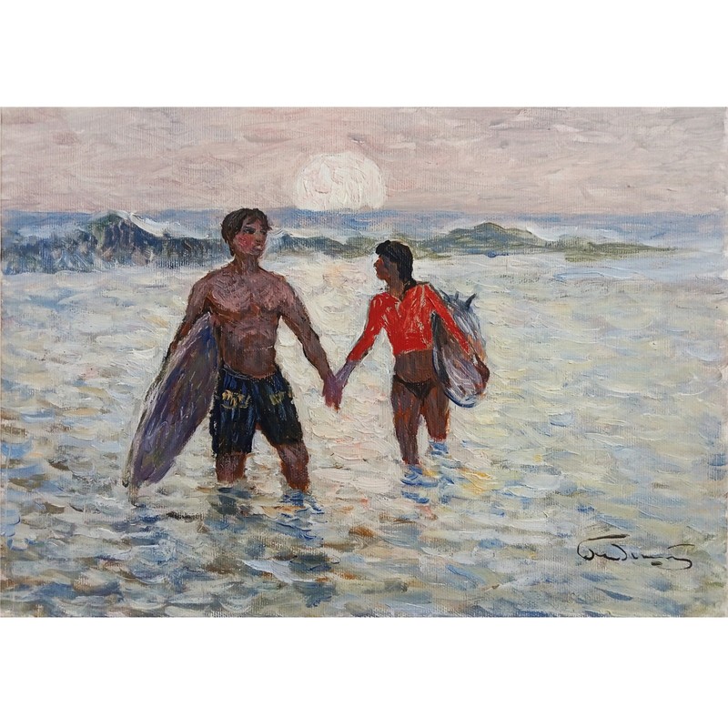 Original Oil Painting Beach Scene Surfers Couple Ocean Sunset Seascape Art