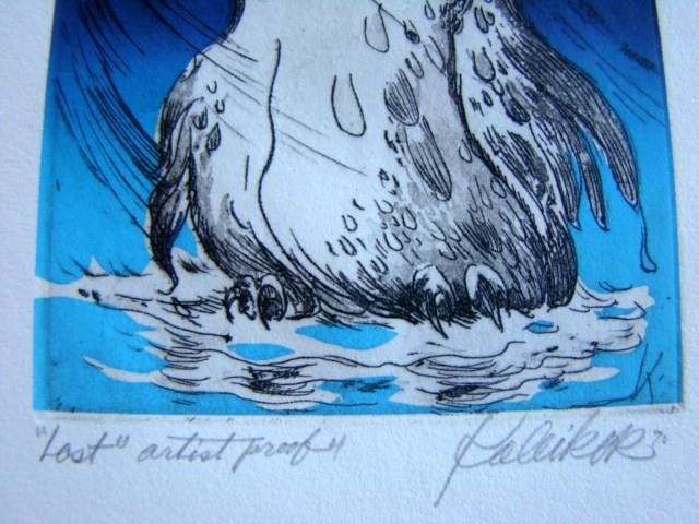 Signed 1970 ETCHING Owl Print, Listed WILLIAM A. KOLLIKER, 'LOST' Artist Proof gallery