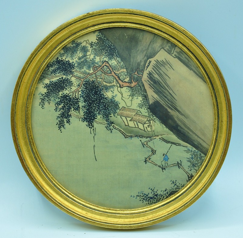 Old Silk Painting (to confirm) Framed Under Glass Decor Fisherman China