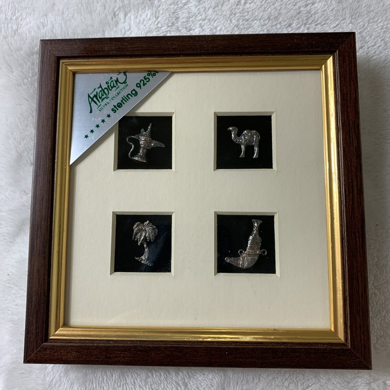 Arabian Framed 925 Sterling Silver Wall Hanging Khanjar Camel Palm Tree Dallah
