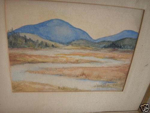 vintage water color,12×16,Harriet Lemaire,Oxbow and Mountains,serene river scene