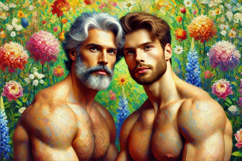 Original gay LGBTQ art giclée painting «Romance in the Garden» signed/numbered