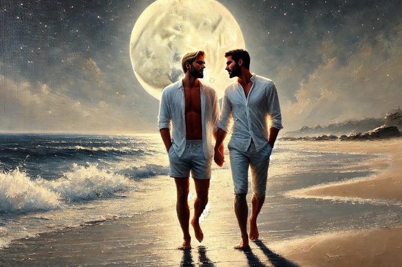 Original gay art giclée painting «Moonlight Walk 1» artist signed/numbered