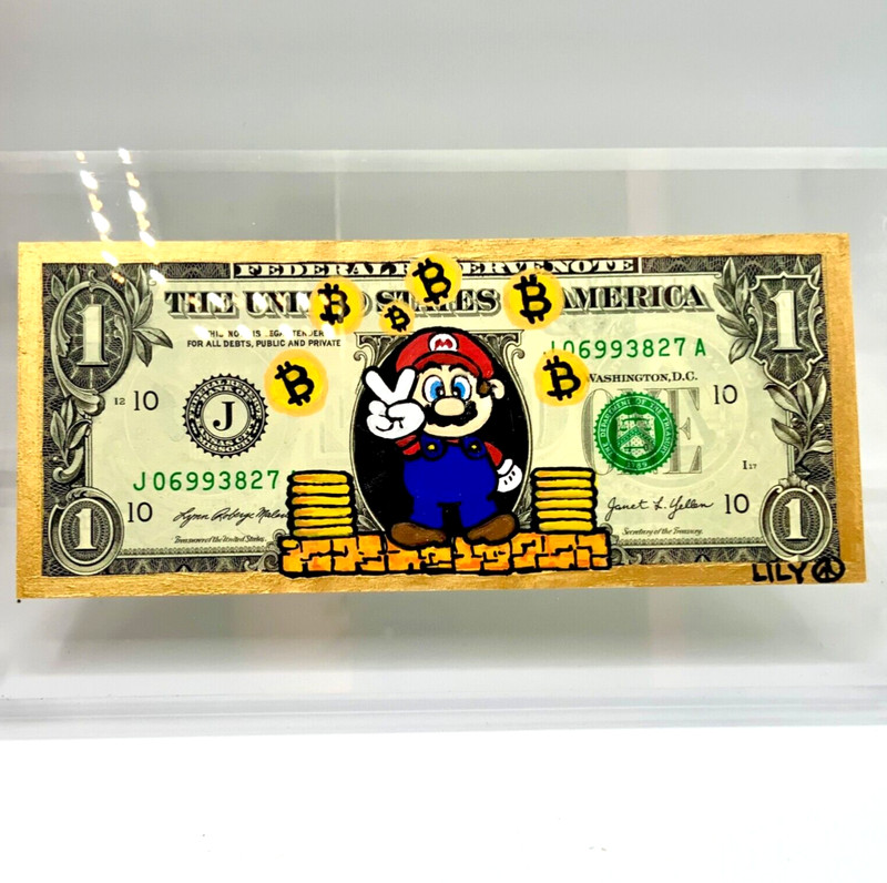 Super Mario Art Cryptocurrency BTC Art Hand-painted on Real Money Dollar Bill