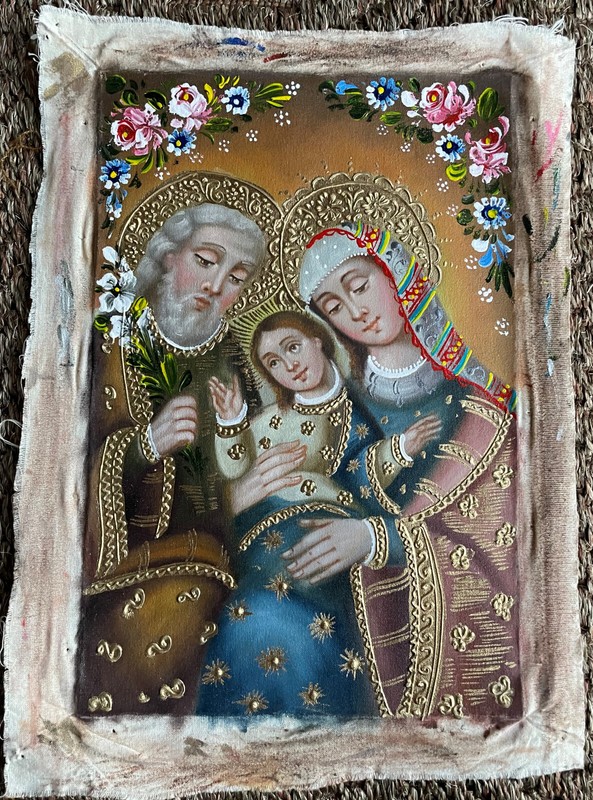 Sacred Family Original Painting Oil on Canvas Cusco School 7 3/8 x 11 1/4 gallery