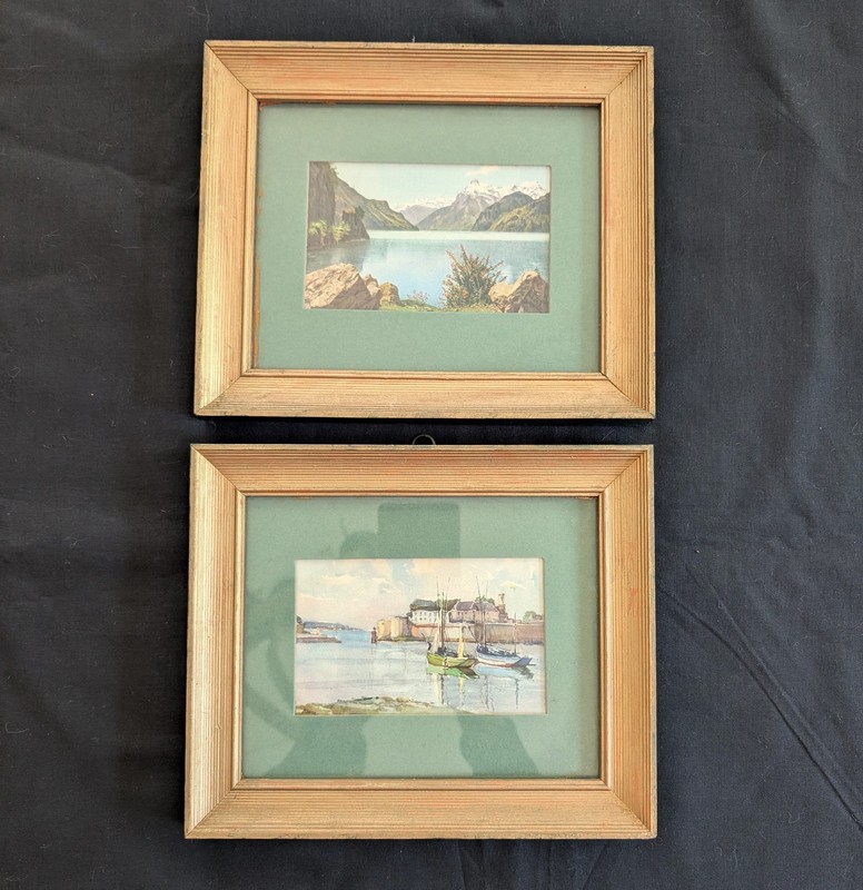 Vintage Wood Picture Frame Landscape Prints Fleck Bros Gold Trim Pair Set Of 2