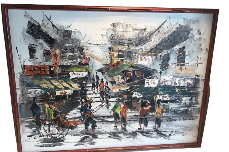 Oil On Canvas Abstract Painting Singed Cheng Vintage Wood Frame