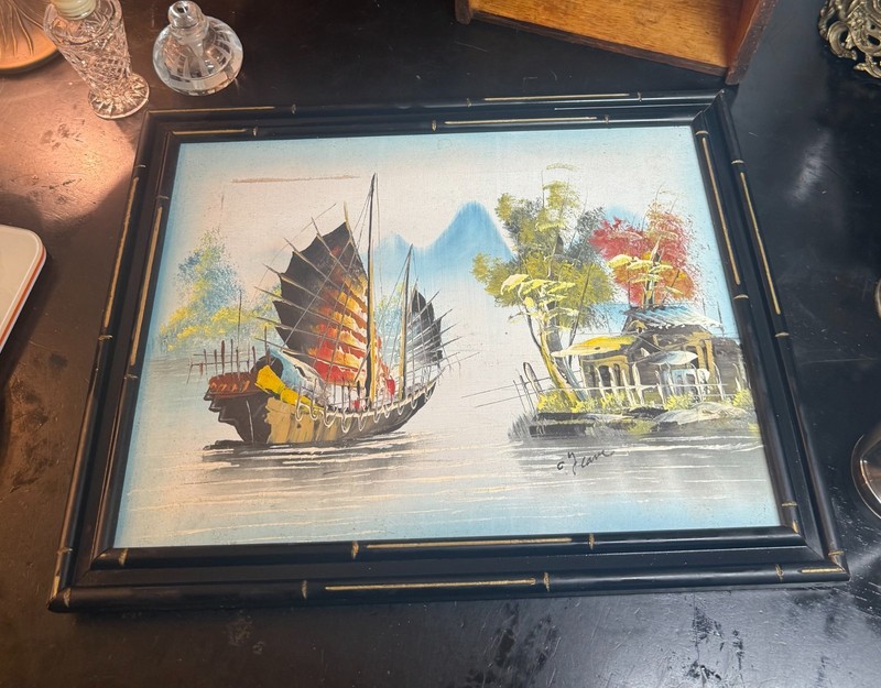 Vintage Chinese Oil Painting Junk Boat Asian Coastal Landscape Framed Original gallery