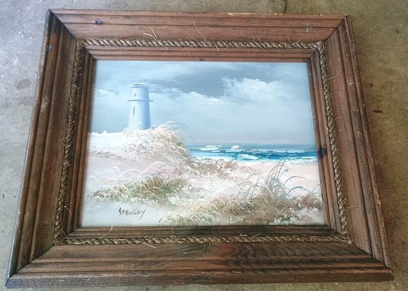 Vtg Oil Painting Lighthouse Sea Shore Beach Scene Signed 11.5″ x 13.5″ Framed