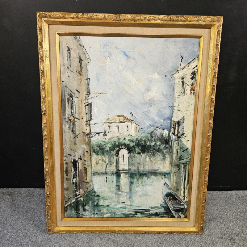 Vintage Canal Scene Oil Painting Signed E Gallo Framed Impressionist Canvas