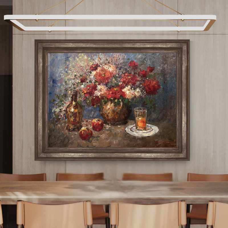 Large Textured Floral Still Life Oil Canvas Painting Flowers Vase Wine Impasto