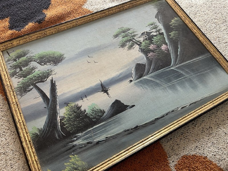 Vintage 21”x15” Oil On Canvas Framed Japanese Landscape Art gallery