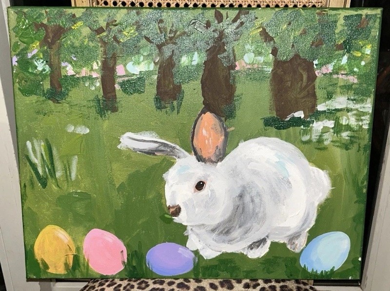 VTG Original Impressionist BUNNY RABBIT w/4 EGGS 16”T 20”W Canvas #1of2 EASTER