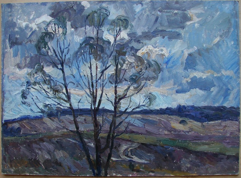 Ukrainian Soviet Oil Painting impressionism landscape cloud tree early spring