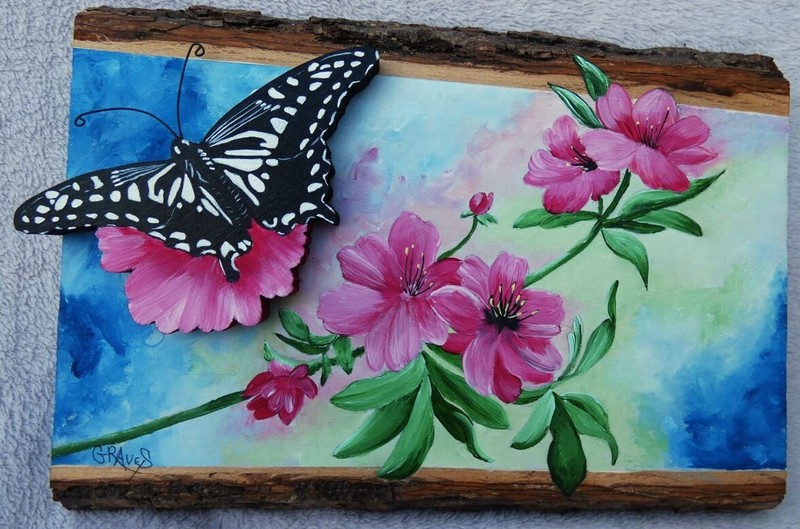 Hand Painted Aisan Swallowtail & Pink Flower Wood Cut-Out By Phyllis