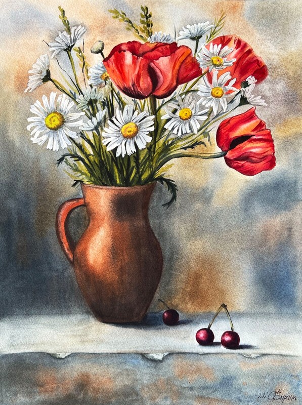 Original A3 Watercolour Painting of Popies Daisies Camomila Bouquet Still life