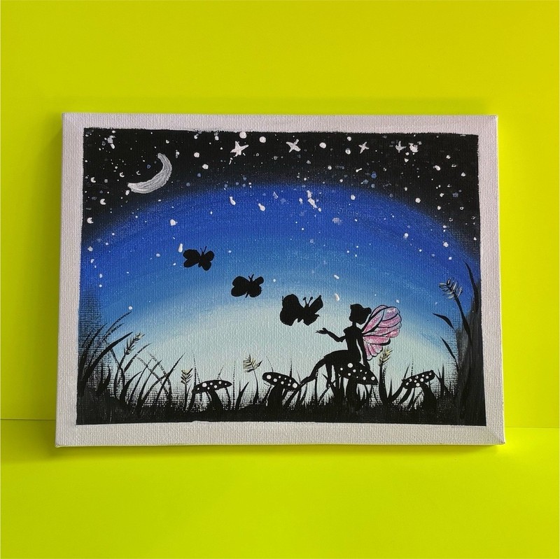 Fantasy Night Sky Fairy & Butterflies Moon Canvas Painting, Contemporary Art