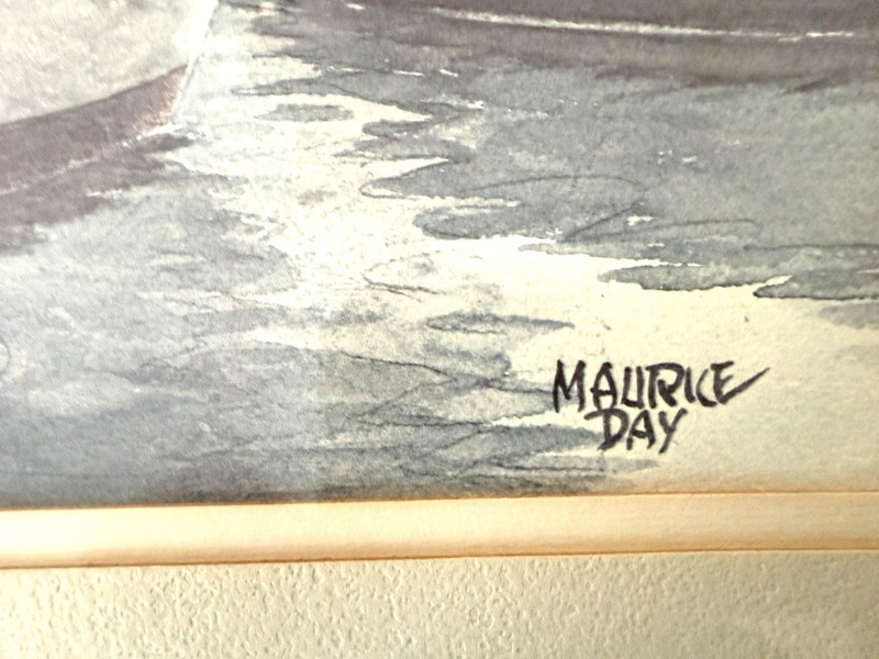 Old Watercolor Winter Marina Boat Signed Maurice Day (1893-1983) Framed 21x28” gallery