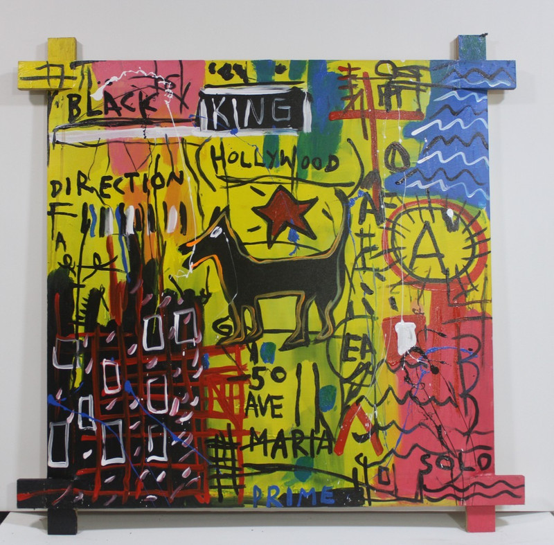JEAN-MICHEL BASQUIAT ACRYLIC ON CANVAS 1982 WITH TIED WOOD SUPPORTS 35 X 35 in gallery
