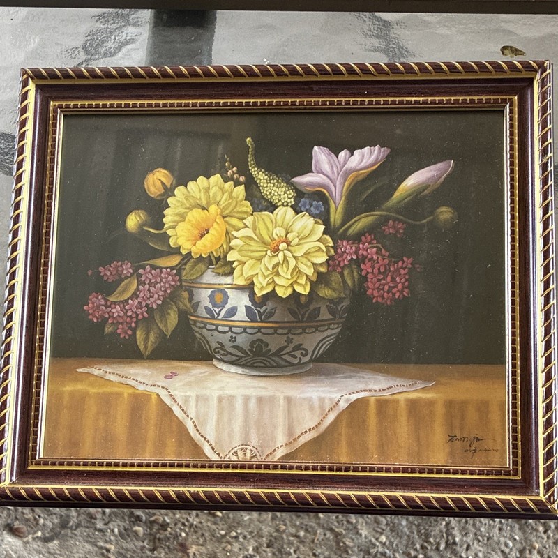 Tommijn Original Framed Signed Still Life Flowers Painting 2000 Small OOAK