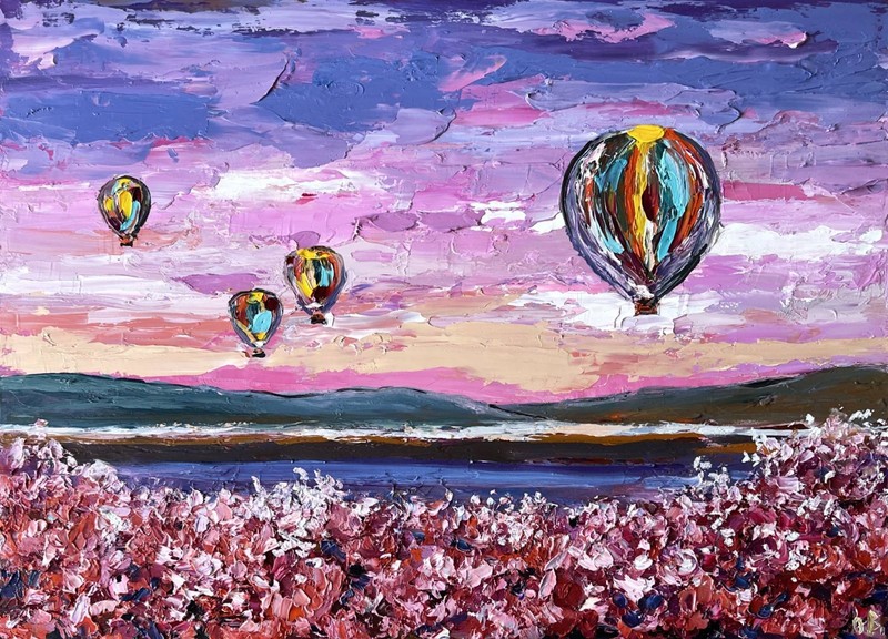 Hot Air Balloon Painting Original Impasto Oil Painting Pink Floral Field 10×14″
