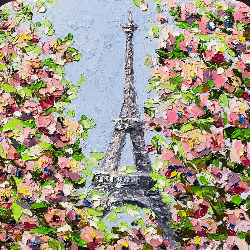 Eiffel Tower Blossoming Flowers Painting Waikiki Beach HI Original Wall Art gallery