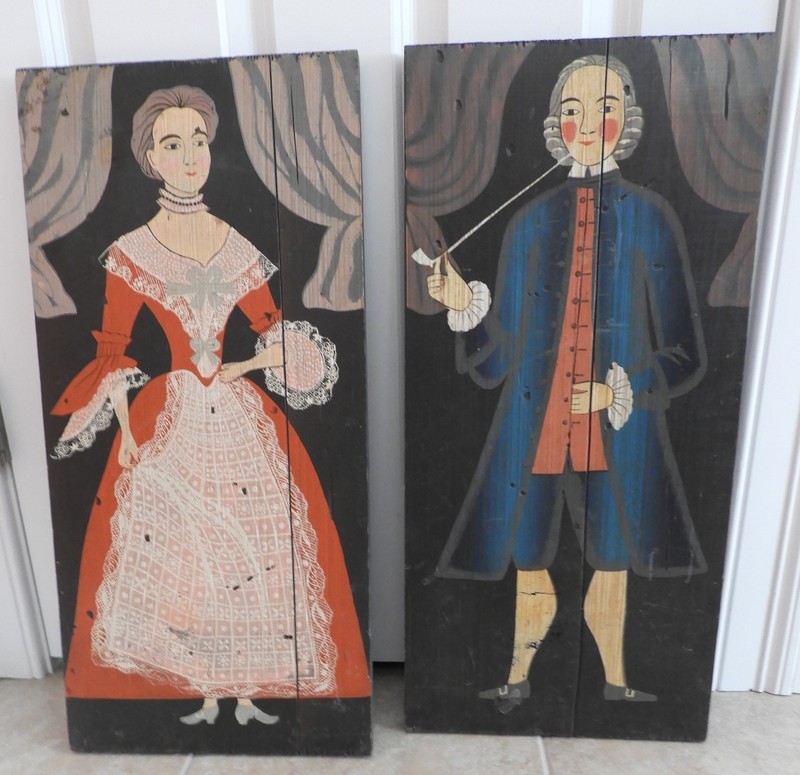 Vtg 1960’s George Nathan Colonial Woman and Man Painting On Boards 24.5″ x 12″