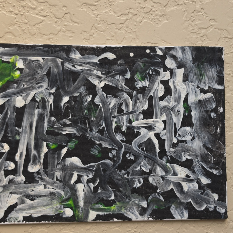 Abstract Painting Black White Gray with Green Accents, Unframed Single Piece