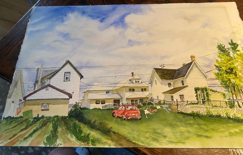 Vintage artist LeBLEU CURRY Watercolor PAINTING “Rural Virginia Houses”