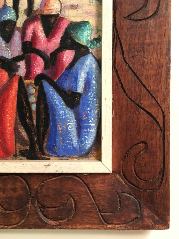 "Village Scene" by Mathilde Desrosiers- Haitian Art - 8 in x 20 in - Framed gallery