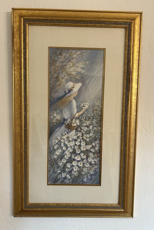 Original BJORKLAND George «Girl with Daisies» Watercolor Painting- Framed