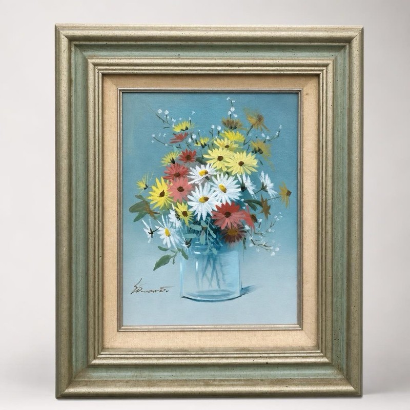 Original Vintage 80s Bright Daisy Flowers Framed Painting 8”x20”Signed Cottage