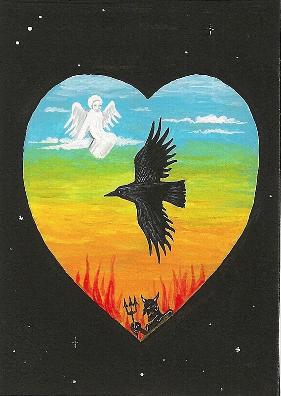 ACEO PRINT OF PAINTING RYTA ANGEL RAVEN CROW folk ART HEART FANTASY Halloween 🌗