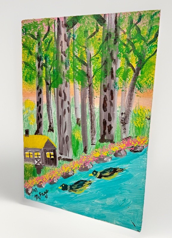 Unframed Original Painting On Canvas Ducks River Cabin Forest Trees Nature Art