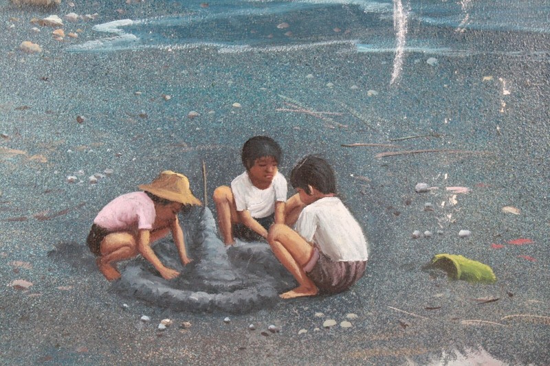 Vintage Children Playing On The Beach Oil Painting On Canvas Signed Illegible gallery