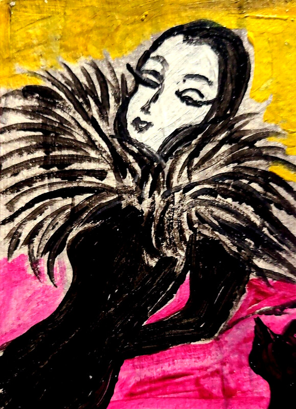 ORIGINAL ACEO PAINTING CAT WOMAN KITTEN Miniature Card By Carole Collin