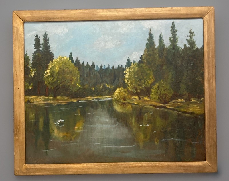 Vntg Original Oil Painting River Landscape Forest Fish Jumping 22” X 18” gallery