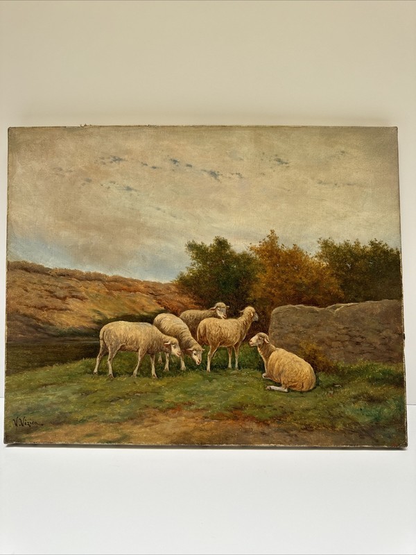 Antique Painting 1920’s Landscape Sheep Nature Signed Listed Famous Oil Canvas