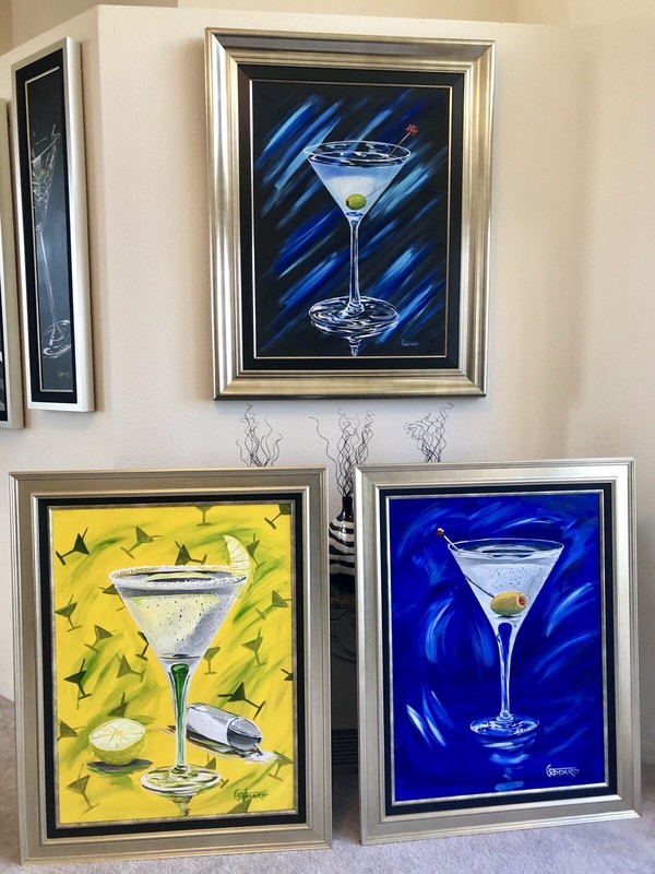 Michael Godard First 3 Martini Glasses From His Book Acrylic on Canvas 30”x40”